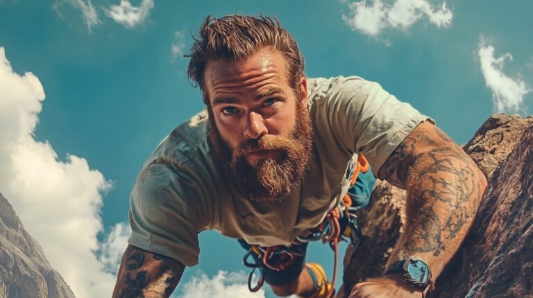 bearded man with tattoos climbing a rock face, harnessed with climbing gear, against a background of blue sky and clouds