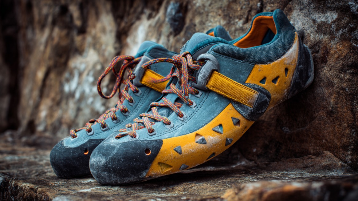 Close-up of blue and yellow climbing shoes with laces and Velcro straps, resting on a rock surface