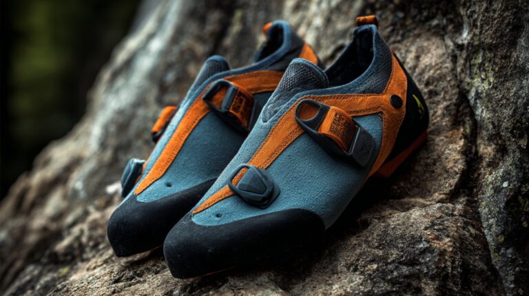 Pair of orange and gray climbing shoes with velcro straps placed on a rock outdoors