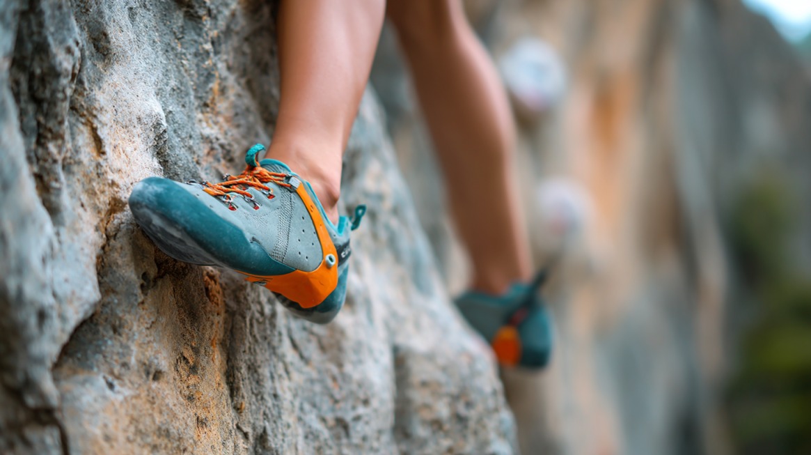 Close-up of a climber’s feet wearing orange and teal climbing shoes while scaling a rock wall