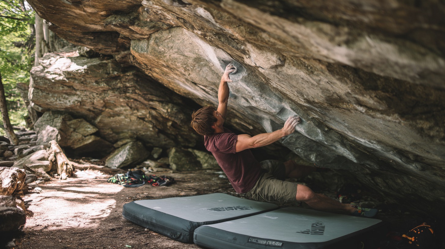 Man bouldering on an overhanging rock outdoors, gripping holds above two crash pads placed on the ground for protection.